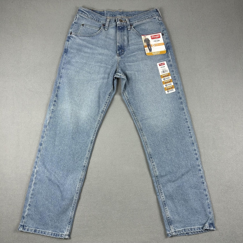 Wrangler Jeans Mens 30x30 Light Blue Five Star Relaxed Fit Flex Stretch Denim